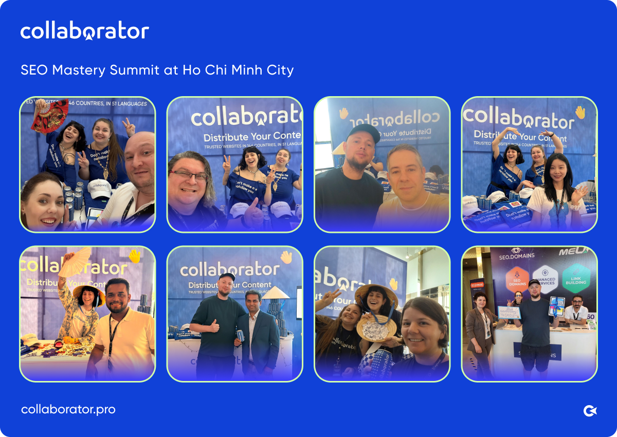 A collage shows the pictures of the collaborator team attending the SEO Mastery Summit in Vietnam
